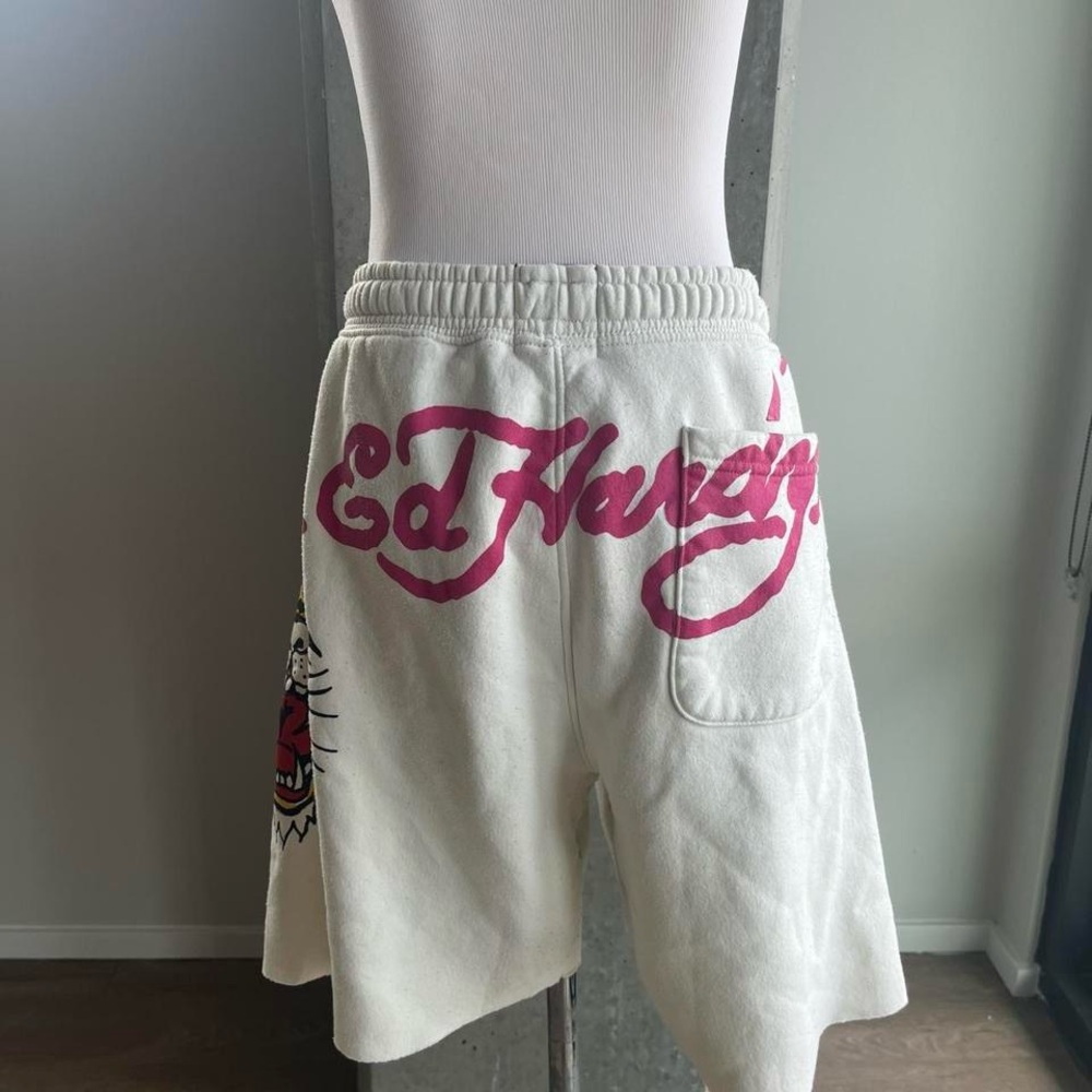 Ed Hardy White Shorts with Pink Logo And Tiger Face Print